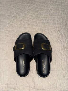 Marc Fisher Black Slide Sandals with Oversized Gold Buckles